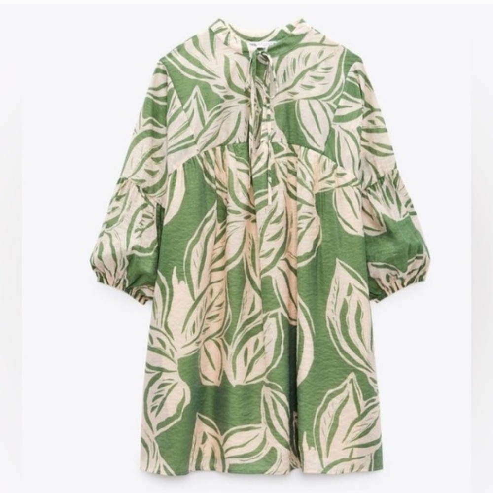 Zara Green and Cream Leaf-Print Mini Dress Size S